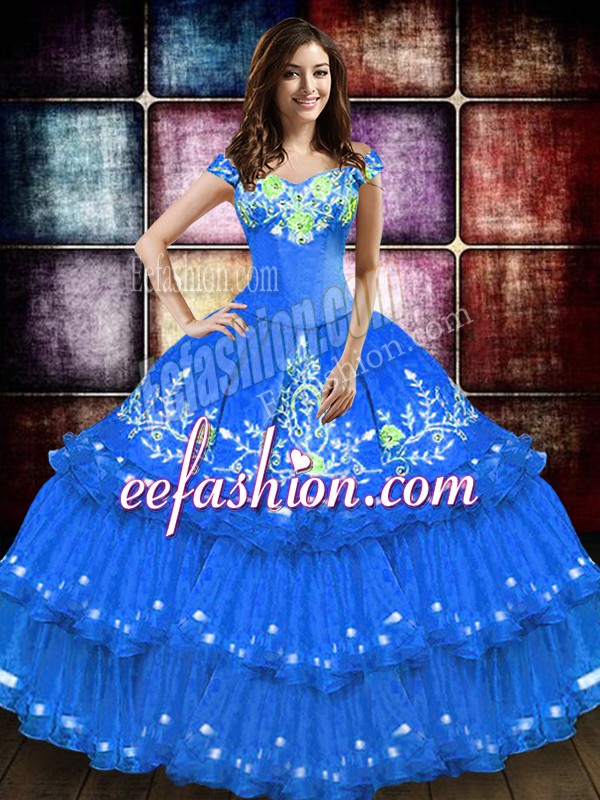  Floor Length Blue Sweet 16 Quinceanera Dress Off The Shoulder Sleeveless Lace Up