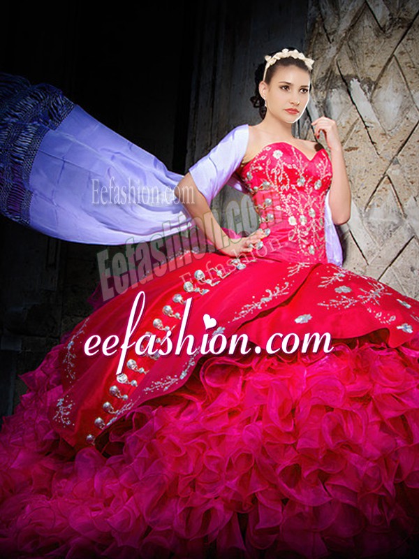  Hot Pink Ball Gowns Organza Sweetheart Sleeveless Embroidery and Ruffles Lace Up Sweet 16 Quinceanera Dress Brush Train