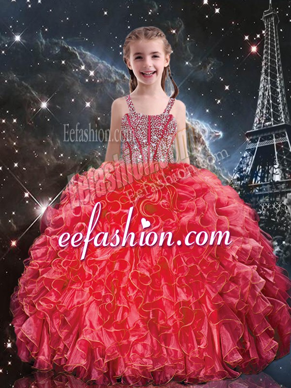 New Style Coral Red Sleeveless Beading and Ruffles Floor Length Pageant Dress Womens