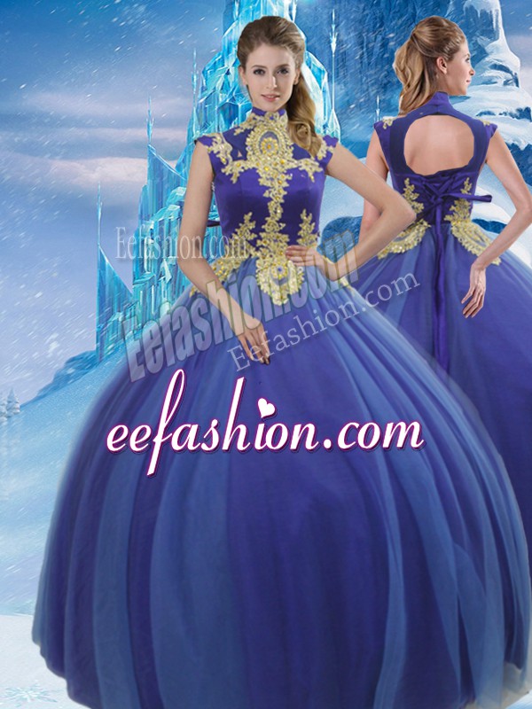 Shining Royal Blue Tulle Lace Up Sweet 16 Dresses Sleeveless Floor Length Appliques