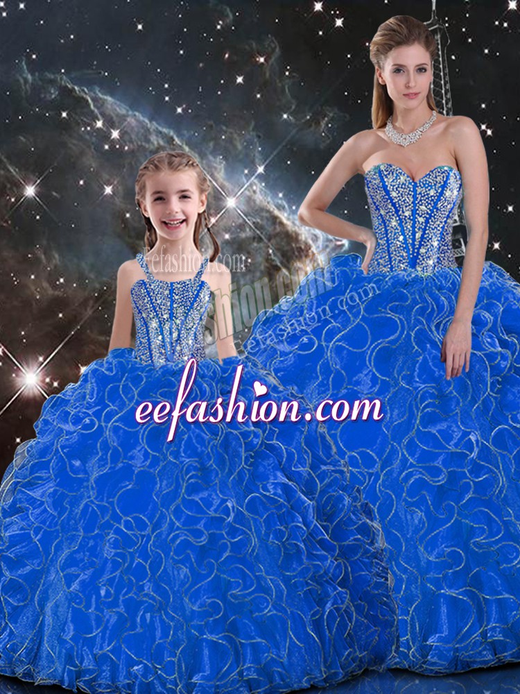  Blue Ball Gowns Sweetheart Sleeveless Organza Floor Length Lace Up Beading and Ruffles 15 Quinceanera Dress