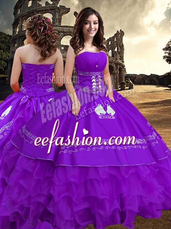 Affordable Purple Strapless Zipper Embroidery and Ruffled Layers Quinceanera Dresses Sleeveless