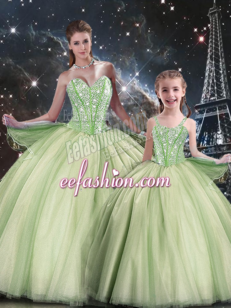 Vintage Sleeveless Floor Length Beading Lace Up Quinceanera Dresses with Yellow Green