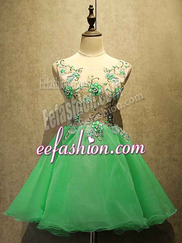  Scoop Sleeveless Organza Prom Dresses Embroidery Lace Up