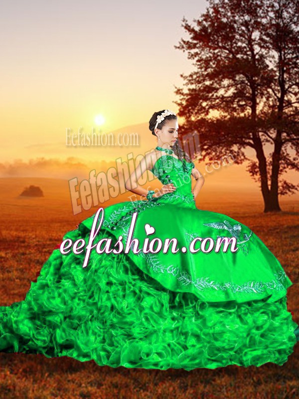  Green Organza Lace Up Ball Gown Prom Dress Sleeveless Brush Train Embroidery and Ruffles