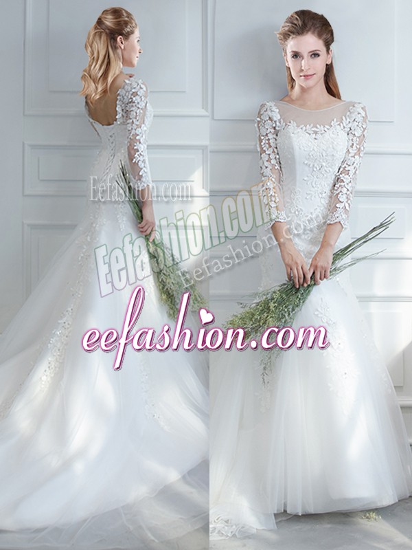 Eye-catching Long Sleeves Lace Lace Up Wedding Gown with White Court Train