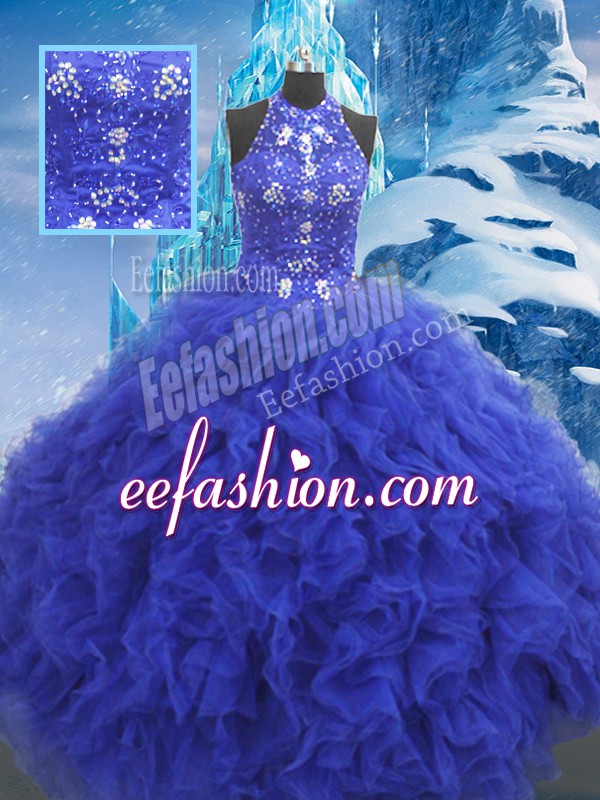 Spectacular Blue Sleeveless Floor Length Beading and Ruffles Lace Up Ball Gown Prom Dress
