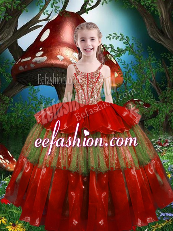  Sleeveless Beading and Ruffled Layers Lace Up Girls Pageant Dresses