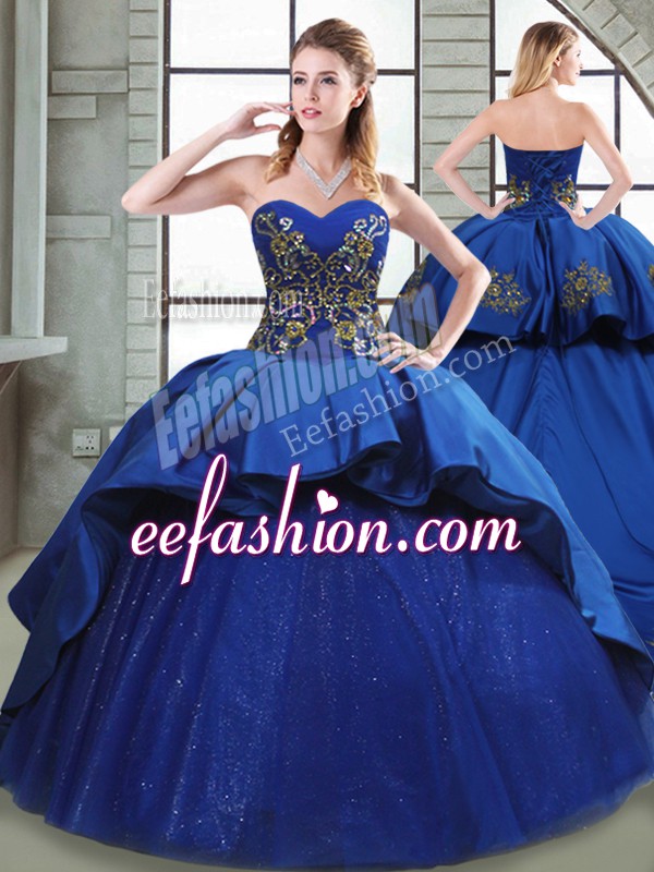  Blue Taffeta Lace Up Sweetheart Sleeveless Quinceanera Dress Court Train Beading and Appliques and Embroidery