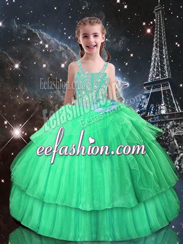  Floor Length Apple Green Winning Pageant Gowns Straps Sleeveless Lace Up