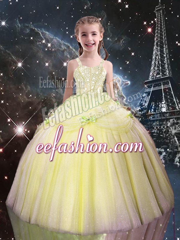  Beading Little Girl Pageant Dress Light Yellow Lace Up Sleeveless Floor Length