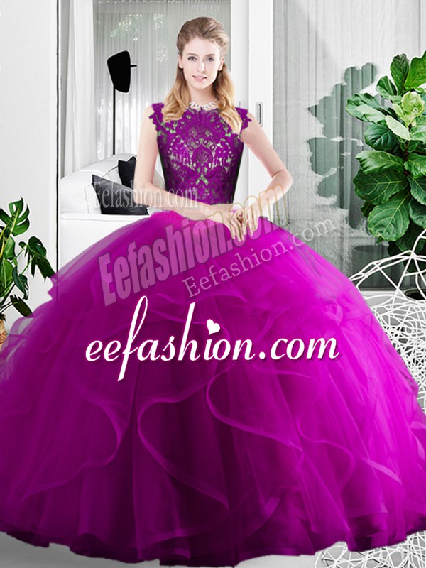 Exceptional Scoop Sleeveless Quince Ball Gowns Floor Length Lace and Ruffles Fuchsia Tulle