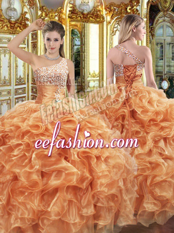 Smart Floor Length Lace Up Sweet 16 Dress Orange for Military Ball and Sweet 16 and Quinceanera with Beading and Ruffles