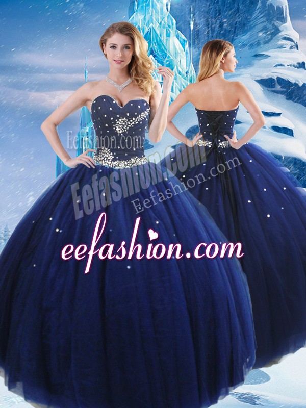 Graceful Ball Gowns Sweet 16 Dress Navy Blue Sweetheart Tulle Sleeveless Floor Length Lace Up
