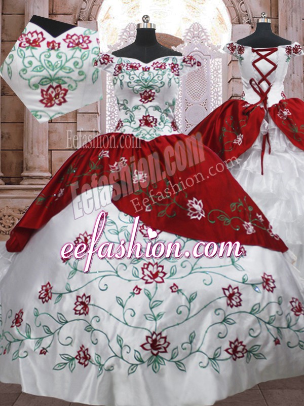  White And Red Sleeveless Floor Length Embroidery and Ruffled Layers Lace Up 15 Quinceanera Dress