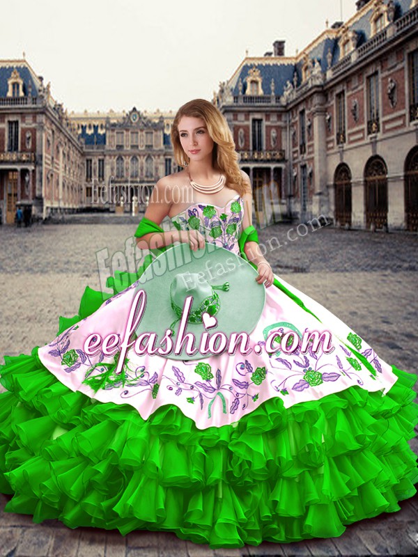  Sleeveless Floor Length Embroidery and Ruffled Layers Lace Up Sweet 16 Quinceanera Dress with Green