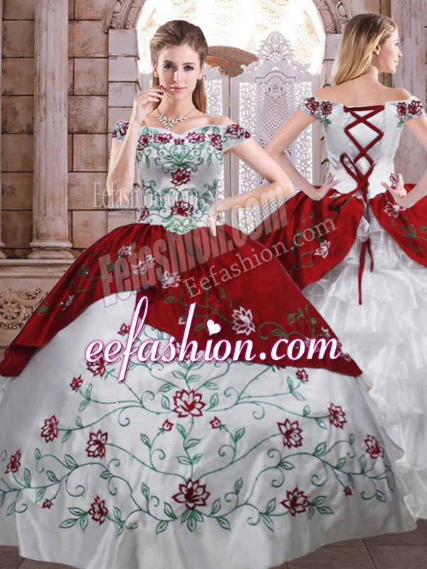 Top Selling White And Red Taffeta Lace Up Sweet 16 Dress Sleeveless Floor Length Embroidery and Ruffled Layers