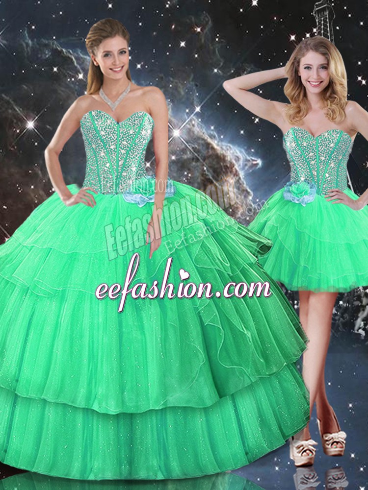 Nice Apple Green Ball Gowns Sweetheart Sleeveless Organza Floor Length Lace Up Ruffled Layers and Sequins 15 Quinceanera Dress
