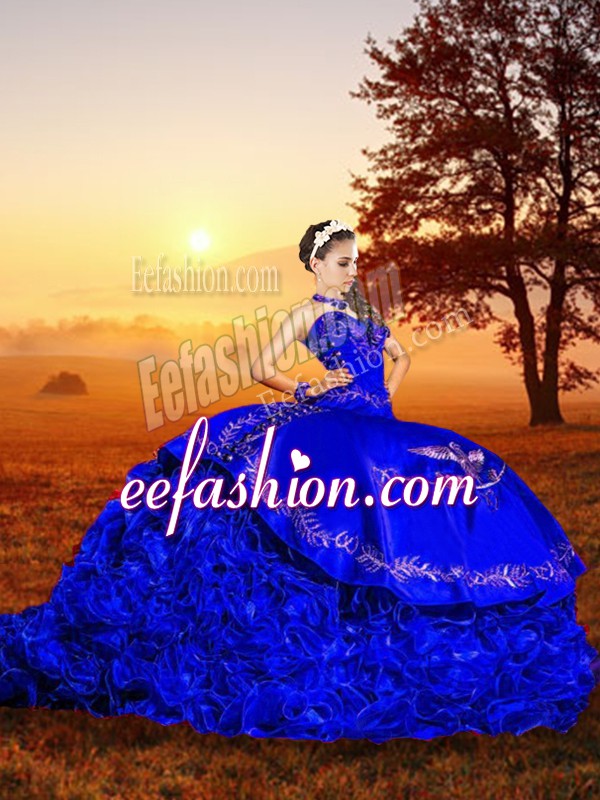 Stunning Royal Blue Ball Gowns Sweetheart Sleeveless Organza Brush Train Lace Up Embroidery and Ruffles Quinceanera Dresses