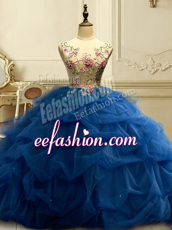Custom Designed Sleeveless Floor Length Appliques and Ruffles and Sequins Lace Up Vestidos de Quinceanera with Navy Blue