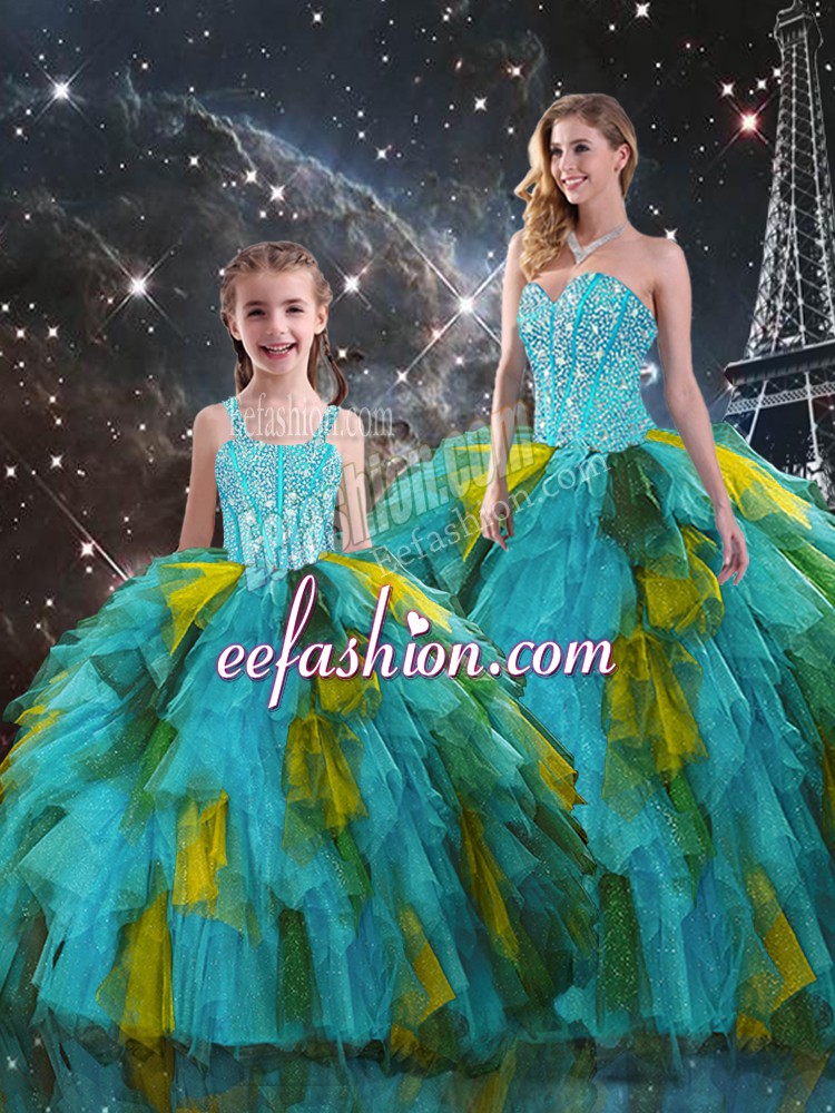 Stylish Sleeveless Floor Length Beading and Ruffles Lace Up Sweet 16 Quinceanera Dress with Multi-color