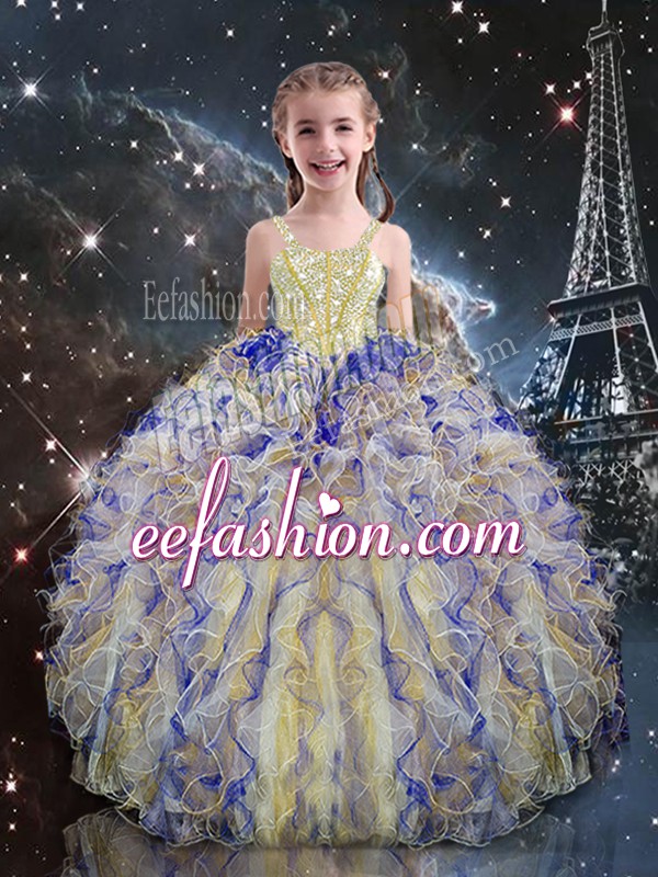Attractive Sleeveless Floor Length Beading and Ruffles Lace Up Pageant Gowns For Girls with Multi-color