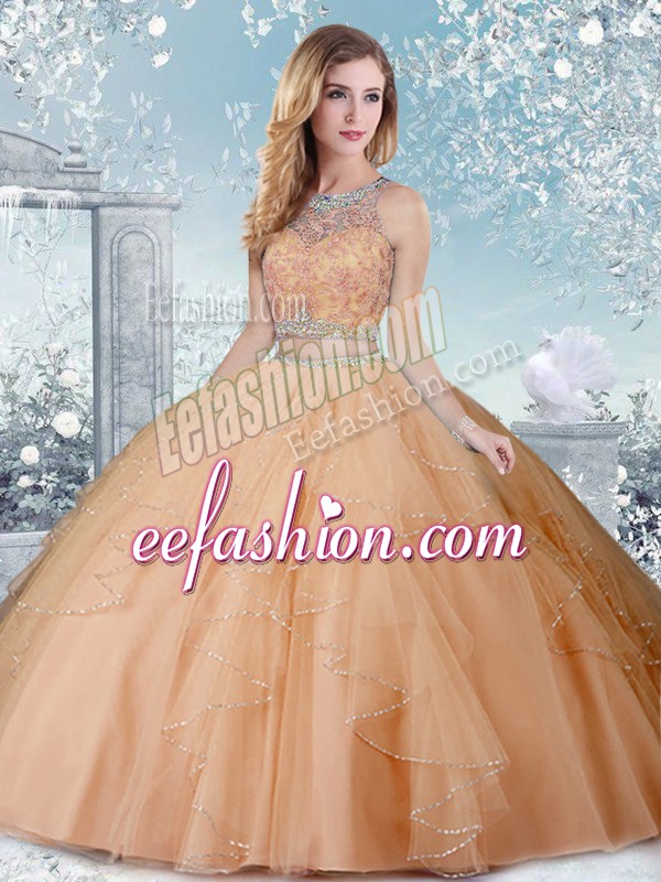  Sleeveless Floor Length Beading Clasp Handle Quinceanera Dresses with Champagne