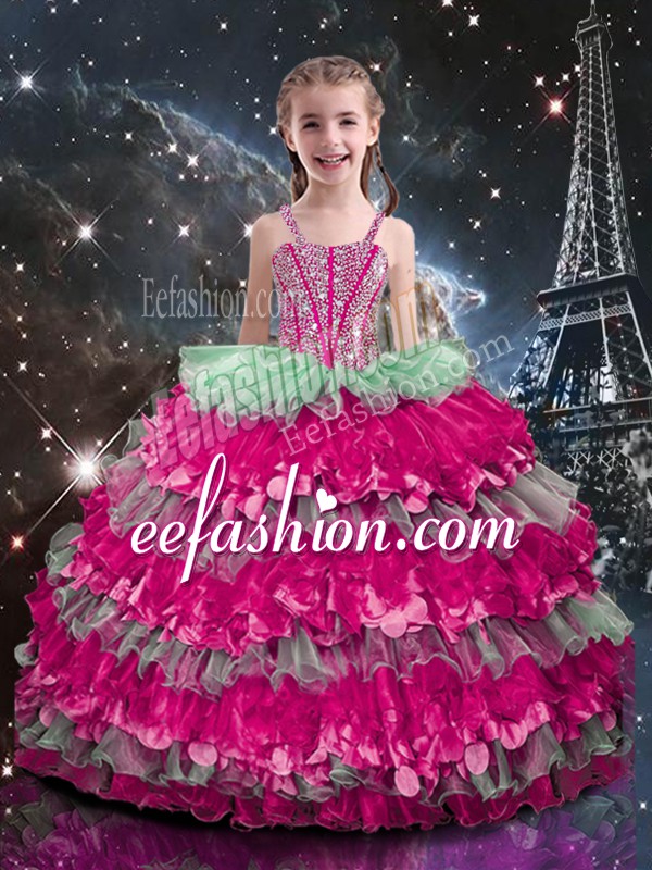 Attractive Beading and Ruffled Layers Little Girl Pageant Gowns Multi-color Lace Up Sleeveless Floor Length
