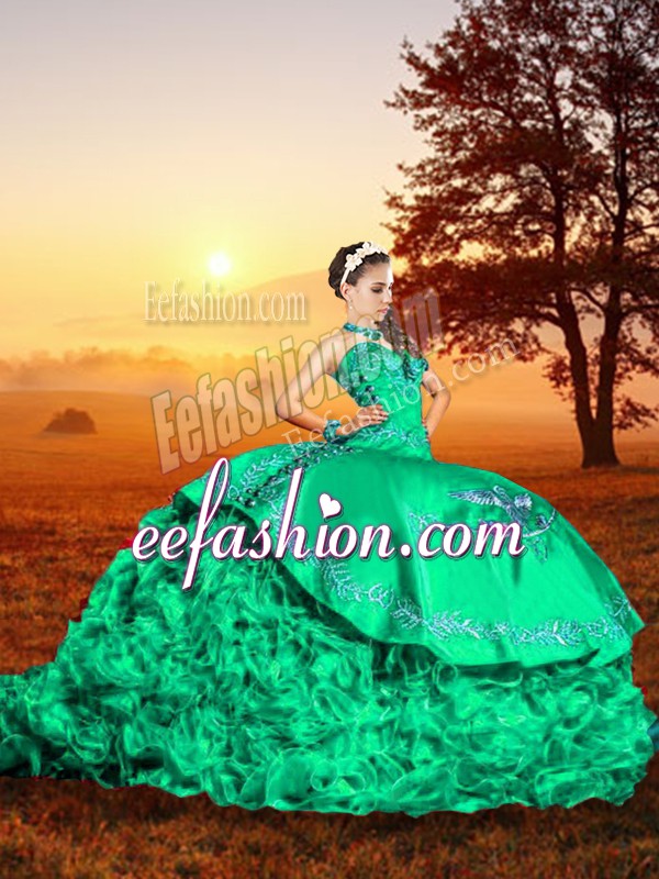  Sleeveless Brush Train Embroidery and Ruffles Lace Up Vestidos de Quinceanera