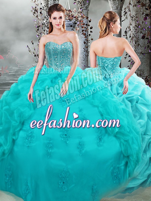  Sleeveless Organza Floor Length Lace Up Sweet 16 Quinceanera Dress in Aqua Blue with Beading and Appliques and Pick Ups