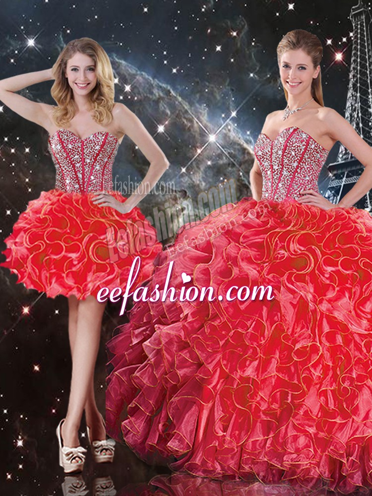 High Quality Beading and Ruffles Quinceanera Dresses Coral Red Lace Up Sleeveless Floor Length