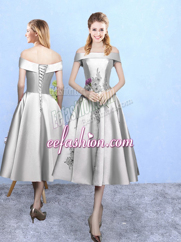 Discount Silver Taffeta Lace Up Quinceanera Court of Honor Dress Sleeveless Tea Length Appliques