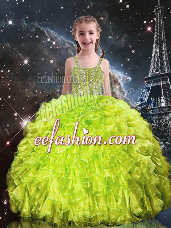  Yellow Green Organza Lace Up Straps Sleeveless Floor Length Pageant Dress for Teens Beading and Ruffles