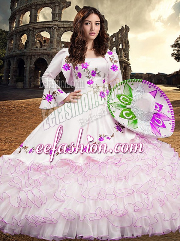  Floor Length White Quinceanera Dresses Square Long Sleeves Lace Up