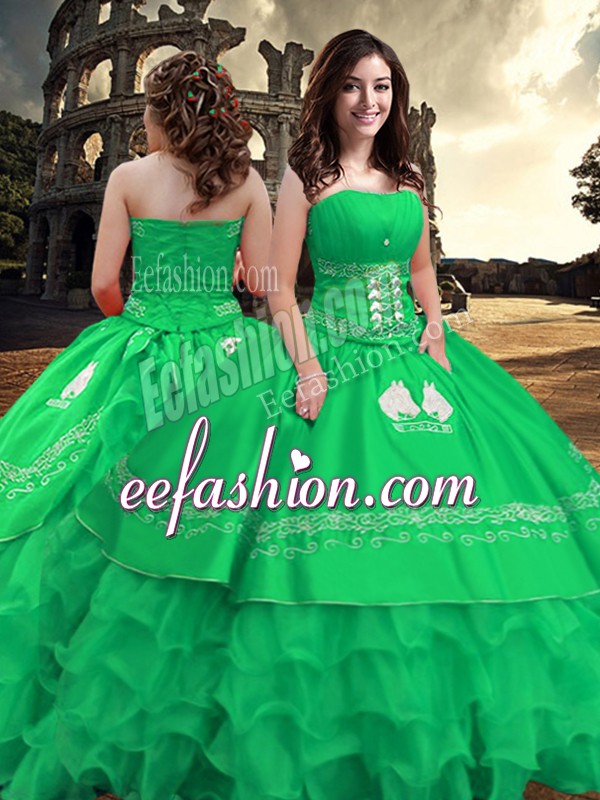 Ideal Green Zipper Sweet 16 Dresses Embroidery and Ruffled Layers Sleeveless Floor Length