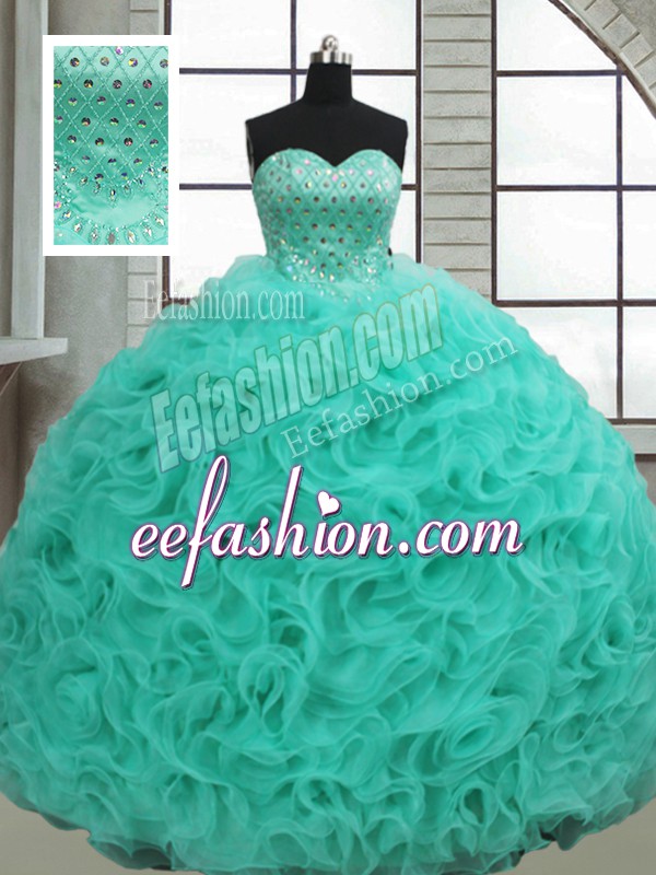  Sleeveless Beading Lace Up Sweet 16 Dress with Turquoise Brush Train