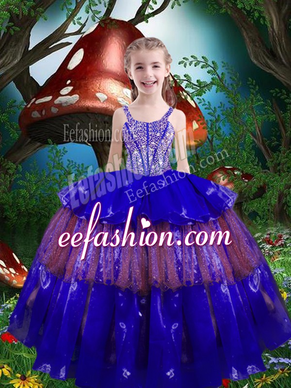  Beading and Ruffled Layers Kids Formal Wear Royal Blue Lace Up Sleeveless Floor Length