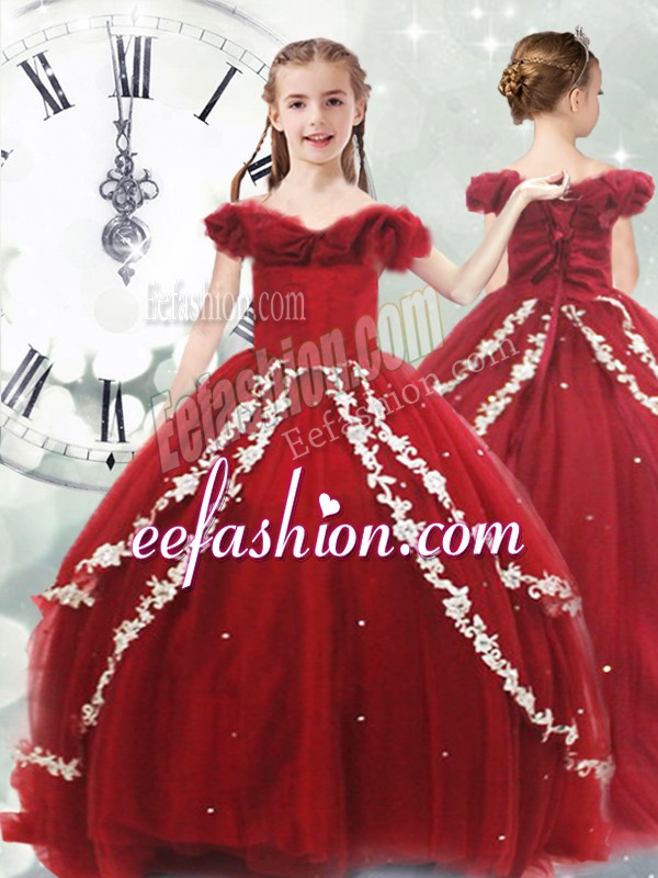  Sleeveless Tulle Brush Train Lace Up Pageant Gowns in Wine Red with Appliques