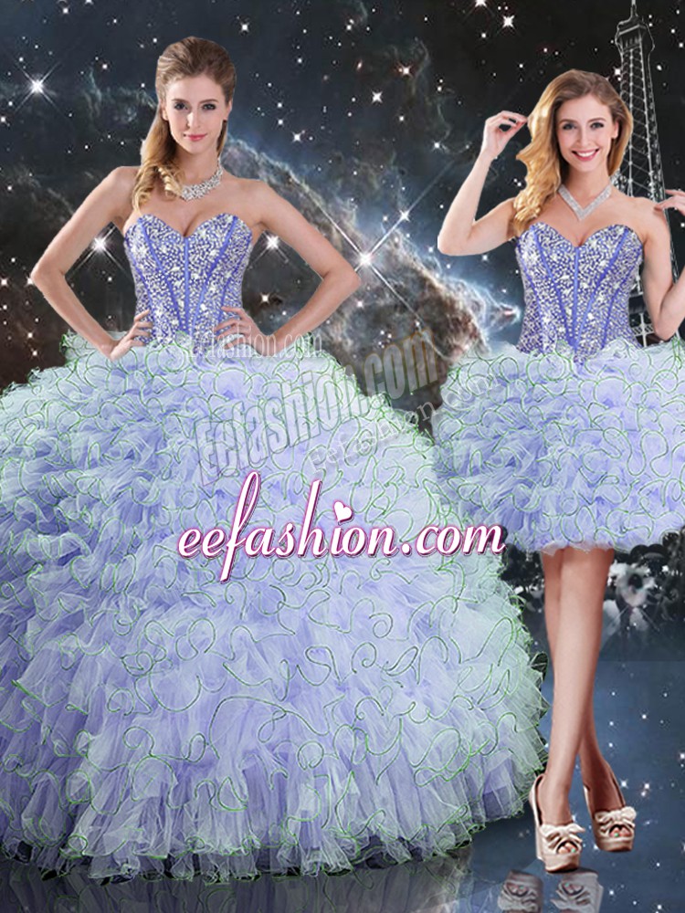 Excellent Floor Length Lavender Quinceanera Dress Organza Sleeveless Beading and Ruffles