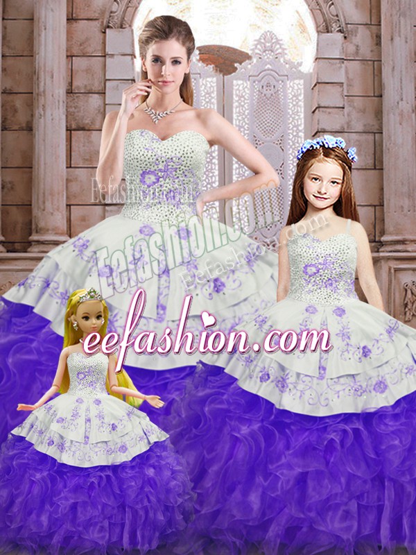 On Sale Beading and Appliques and Ruffles Sweet 16 Dress White And Purple Lace Up Sleeveless Floor Length