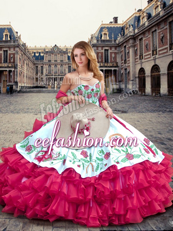Romantic Hot Pink Lace Up Quince Ball Gowns Embroidery and Ruffled Layers Sleeveless Floor Length