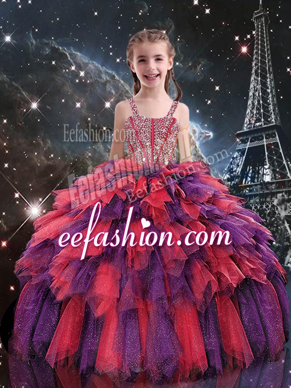On Sale Coral Red Lace Up Straps Beading and Ruffles Pageant Dress Toddler Tulle Sleeveless