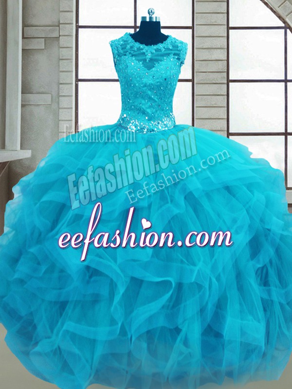  Baby Blue Ball Gowns Beading and Ruffles Quinceanera Gown Lace Up Tulle Sleeveless Floor Length