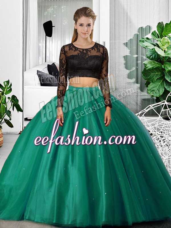 Excellent Scoop Long Sleeves Sweet 16 Dresses Floor Length Lace and Ruching Dark Green Tulle