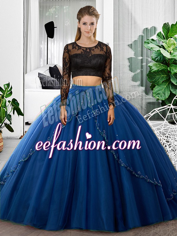 Glorious Blue Scoop Backless Lace and Ruching Sweet 16 Dress Long Sleeves