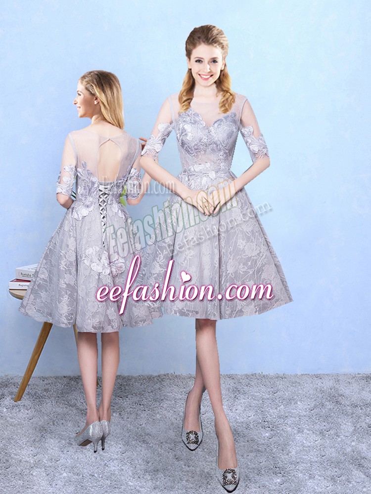  Grey Quinceanera Dama Dress Prom and Party with Appliques Scoop Half Sleeves Lace Up