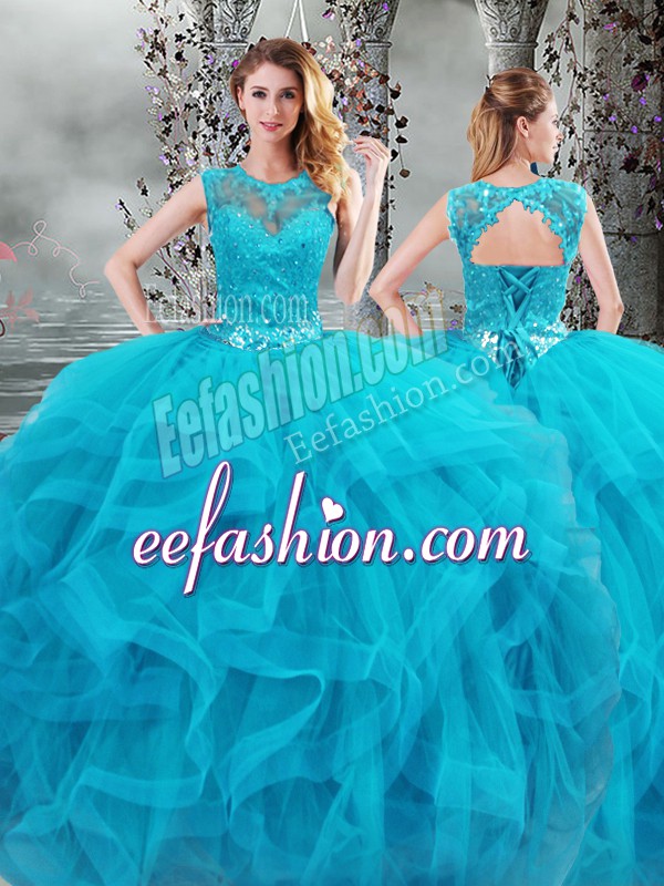 Lovely Baby Blue Ball Gowns Beading and Ruffles Quinceanera Gown Lace Up Tulle Sleeveless Floor Length