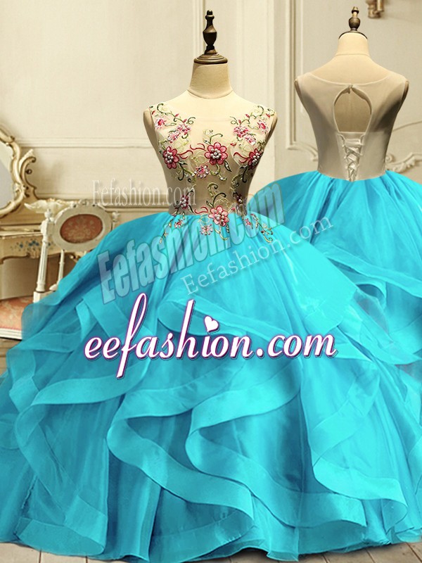  Aqua Blue Sleeveless Floor Length Appliques and Ruffles Lace Up Quince Ball Gowns