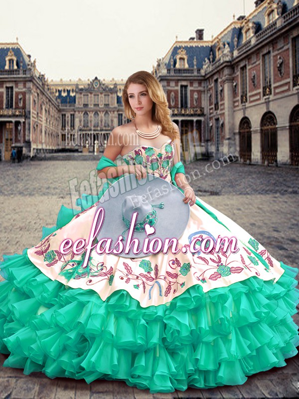 Great Turquoise Organza Lace Up Quinceanera Gown Sleeveless Floor Length Embroidery and Ruffled Layers