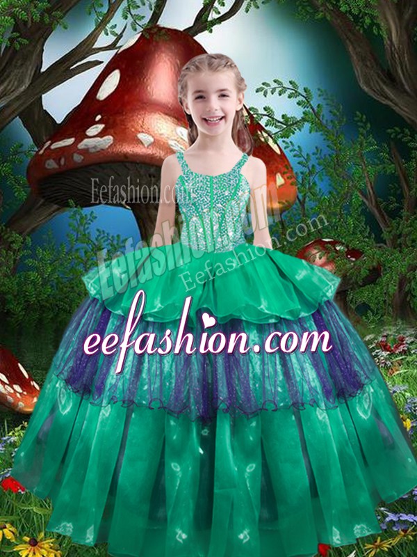  Green Lace Up Straps Beading and Ruffled Layers Pageant Dress Toddler Organza Sleeveless